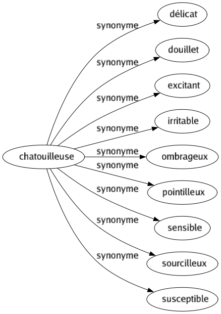 Synonyme de Chatouilleuse : Délicat Douillet Excitant Irritable Ombrageux Pointilleux Sensible Sourcilleux Susceptible 