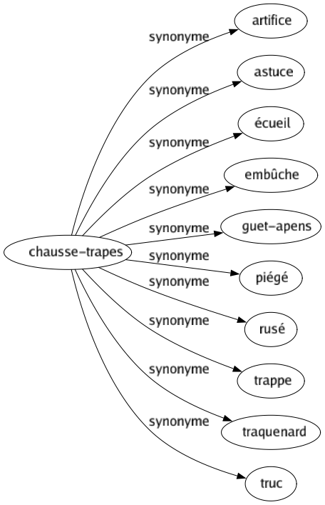 Synonyme de Chausse-trapes : Artifice Astuce Écueil Embûche Guet-apens Piégé Rusé Trappe Traquenard Truc 