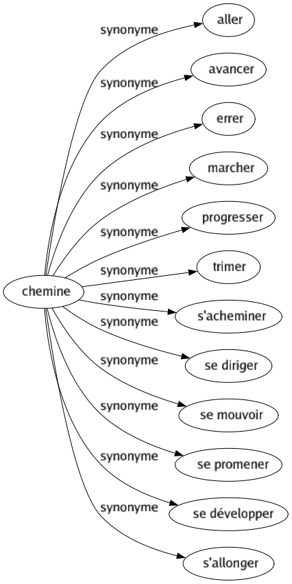 Synonyme de Chemine : Aller Avancer Errer Marcher Progresser Trimer S'acheminer Se diriger Se mouvoir Se promener Se développer S'allonger 