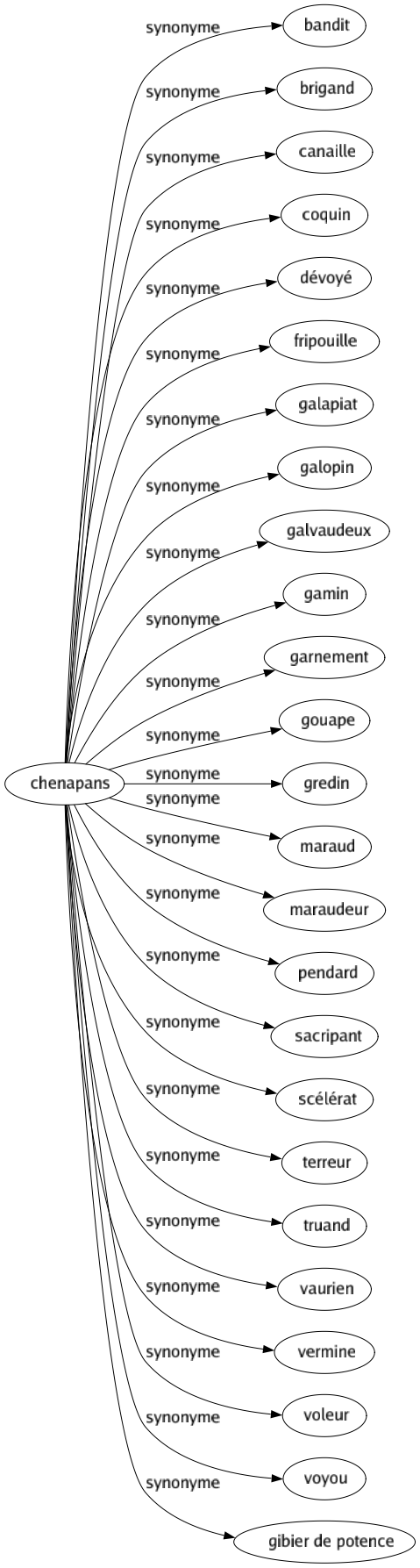 Synonyme de Chenapans : Bandit Brigand Canaille Coquin Dévoyé Fripouille Galapiat Galopin Galvaudeux Gamin Garnement Gouape Gredin Maraud Maraudeur Pendard Sacripant Scélérat Terreur Truand Vaurien Vermine Voleur Voyou Gibier de potence 