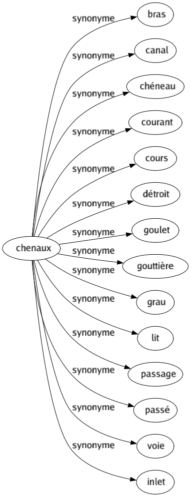 Synonyme de Chenaux : Bras Canal Chéneau Courant Cours Détroit Goulet Gouttière Grau Lit Passage Passé Voie Inlet 