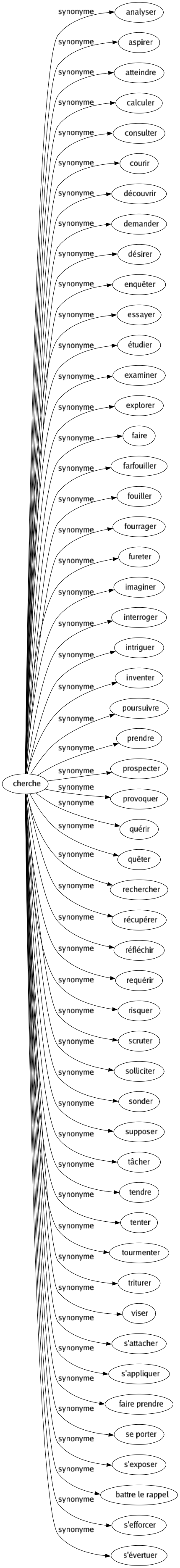 Synonyme de Cherche : Analyser Aspirer Atteindre Calculer Consulter Courir Découvrir Demander Désirer Enquêter Essayer Étudier Examiner Explorer Faire Farfouiller Fouiller Fourrager Fureter Imaginer Interroger Intriguer Inventer Poursuivre Prendre Prospecter Provoquer Quérir Quêter Rechercher Récupérer Réfléchir Requérir Risquer Scruter Solliciter Sonder Supposer Tâcher Tendre Tenter Tourmenter Triturer Viser S'attacher S'appliquer Faire prendre Se porter S'exposer Battre le rappel S'efforcer S'évertuer 