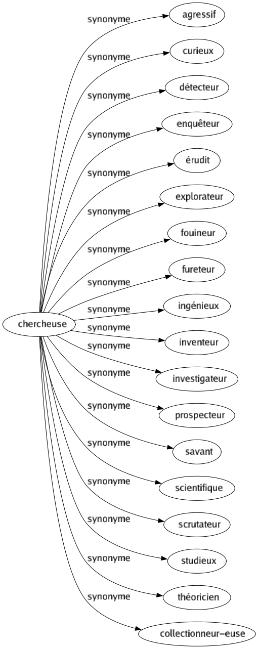 Synonyme de Chercheuse : Agressif Curieux Détecteur Enquêteur Érudit Explorateur Fouineur Fureteur Ingénieux Inventeur Investigateur Prospecteur Savant Scientifique Scrutateur Studieux Théoricien Collectionneur-euse 