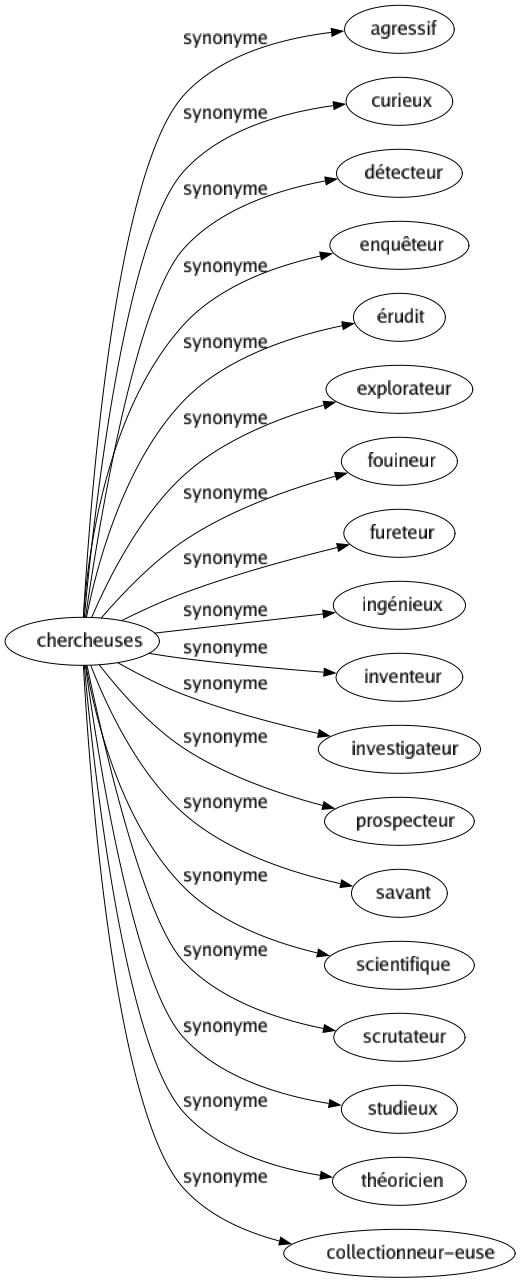 Synonyme de Chercheuses : Agressif Curieux Détecteur Enquêteur Érudit Explorateur Fouineur Fureteur Ingénieux Inventeur Investigateur Prospecteur Savant Scientifique Scrutateur Studieux Théoricien Collectionneur-euse 