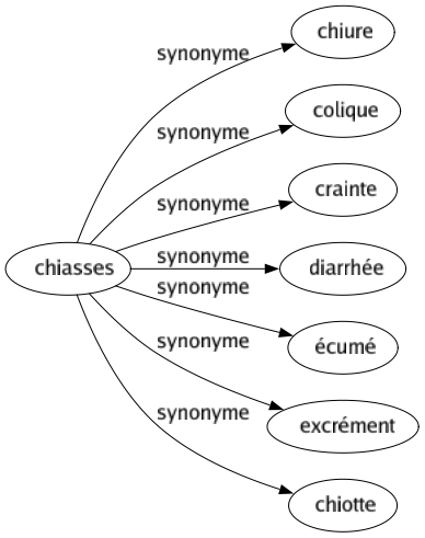 Synonyme de Chiasses : Chiure Colique Crainte Diarrhée Écumé Excrément Chiotte 