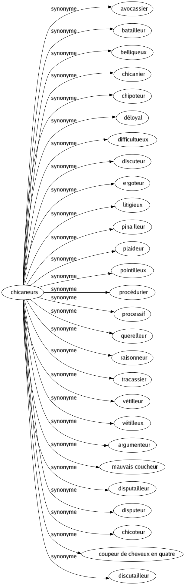 Synonyme de Chicaneurs : Avocassier Batailleur Belliqueux Chicanier Chipoteur Déloyal Difficultueux Discuteur Ergoteur Litigieux Pinailleur Plaideur Pointilleux Procédurier Processif Querelleur Raisonneur Tracassier Vétilleur Vétilleux Argumenteur Mauvais coucheur Disputailleur Disputeur Chicoteur Coupeur de cheveux en quatre Discutailleur 