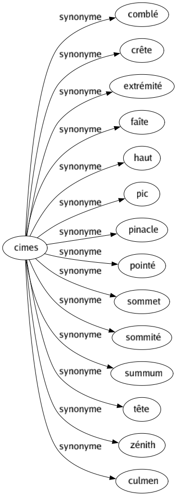 Synonyme de Cimes : Comblé Crête Extrémité Faîte Haut Pic Pinacle Pointé Sommet Sommité Summum Tête Zénith Culmen 