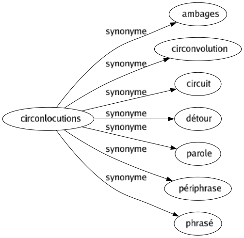 Synonyme de Circonlocutions : Ambages Circonvolution Circuit Détour Parole Périphrase Phrasé 