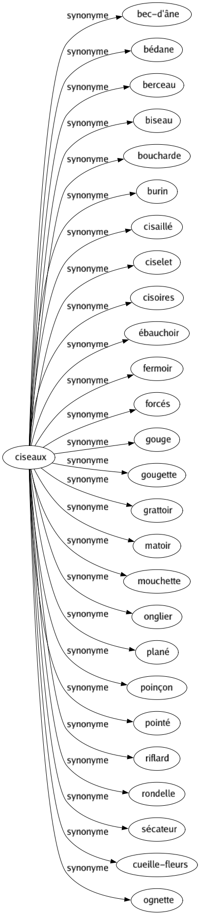 Synonyme de Ciseaux : Bec-d'âne Bédane Berceau Biseau Boucharde Burin Cisaillé Ciselet Cisoires Ébauchoir Fermoir Forcés Gouge Gougette Grattoir Matoir Mouchette Onglier Plané Poinçon Pointé Riflard Rondelle Sécateur Cueille-fleurs Ognette 