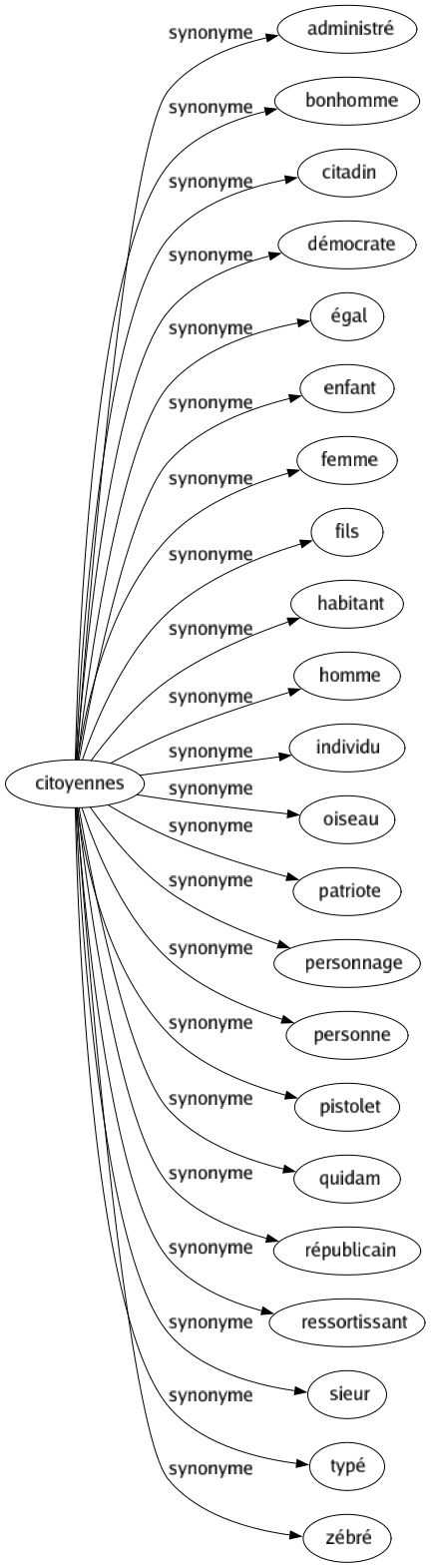 Synonyme de Citoyennes : Administré Bonhomme Citadin Démocrate Égal Enfant Femme Fils Habitant Homme Individu Oiseau Patriote Personnage Personne Pistolet Quidam Républicain Ressortissant Sieur Typé Zébré 