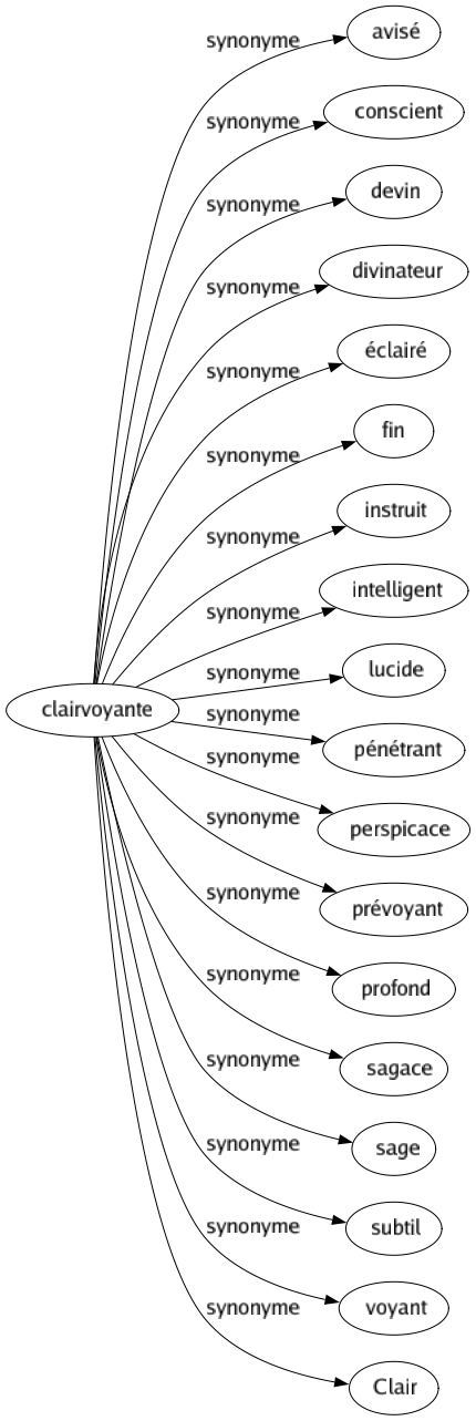 Synonyme de Clairvoyante : Avisé Conscient Devin Divinateur Éclairé Fin Instruit Intelligent Lucide Pénétrant Perspicace Prévoyant Profond Sagace Sage Subtil Voyant Clair 