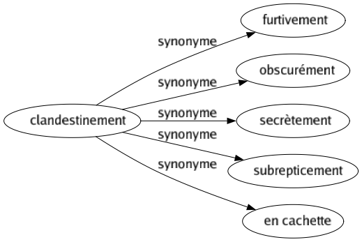 Synonyme de Clandestinement : Furtivement Obscurément Secrètement Subrepticement En cachette 