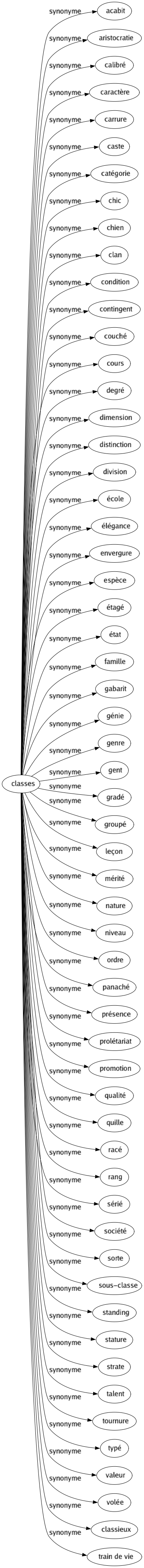 Synonyme de Classes : Acabit Aristocratie Calibré Caractère Carrure Caste Catégorie Chic Chien Clan Condition Contingent Couché Cours Degré Dimension Distinction Division École Élégance Envergure Espèce Étagé État Famille Gabarit Génie Genre Gent Gradé Groupé Leçon Mérité Nature Niveau Ordre Panaché Présence Prolétariat Promotion Qualité Quille Racé Rang Sérié Société Sorte Sous-classe Standing Stature Strate Talent Tournure Typé Valeur Volée Classieux Train de vie 