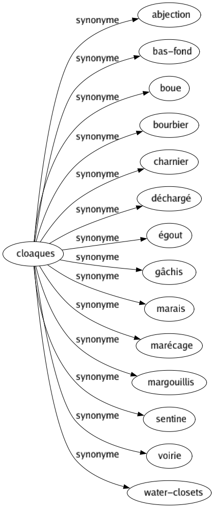 Synonyme de Cloaques : Abjection Bas-fond Boue Bourbier Charnier Déchargé Égout Gâchis Marais Marécage Margouillis Sentine Voirie Water-closets 