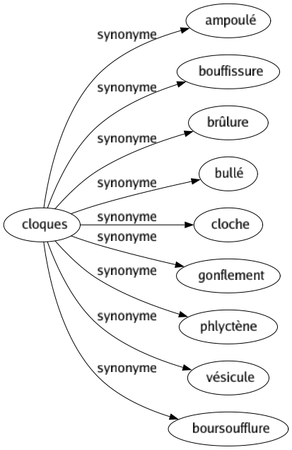 Synonyme de Cloques : Ampoulé Bouffissure Brûlure Bullé Cloche Gonflement Phlyctène Vésicule Boursoufflure 