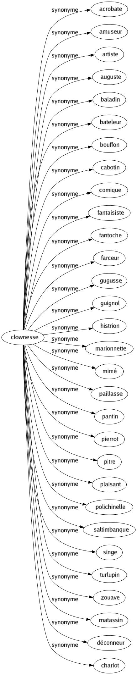 Synonyme de Clownesse : Acrobate Amuseur Artiste Auguste Baladin Bateleur Bouffon Cabotin Comique Fantaisiste Fantoche Farceur Gugusse Guignol Histrion Marionnette Mimé Paillasse Pantin Pierrot Pitre Plaisant Polichinelle Saltimbanque Singe Turlupin Zouave Matassin Déconneur Charlot 