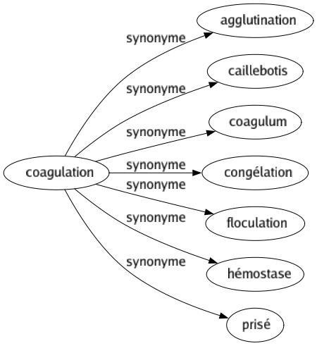 Synonyme de Coagulation : Agglutination Caillebotis Coagulum Congélation Floculation Hémostase Prisé 
