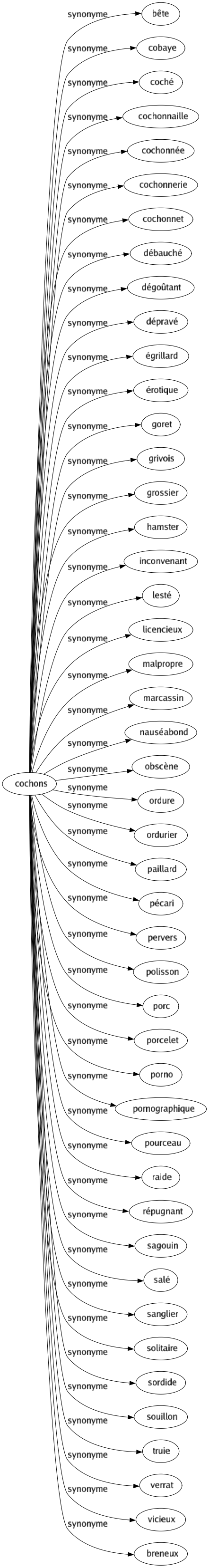 Synonyme de Cochons : Bête Cobaye Coché Cochonnaille Cochonnée Cochonnerie Cochonnet Débauché Dégoûtant Dépravé Égrillard Érotique Goret Grivois Grossier Hamster Inconvenant Lesté Licencieux Malpropre Marcassin Nauséabond Obscène Ordure Ordurier Paillard Pécari Pervers Polisson Porc Porcelet Porno Pornographique Pourceau Raide Répugnant Sagouin Salé Sanglier Solitaire Sordide Souillon Truie Verrat Vicieux Breneux 