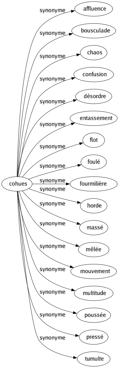 Synonyme de Cohues : Affluence Bousculade Chaos Confusion Désordre Entassement Flot Foulé Fourmilière Horde Massé Mêlée Mouvement Multitude Poussée Pressé Tumulte 