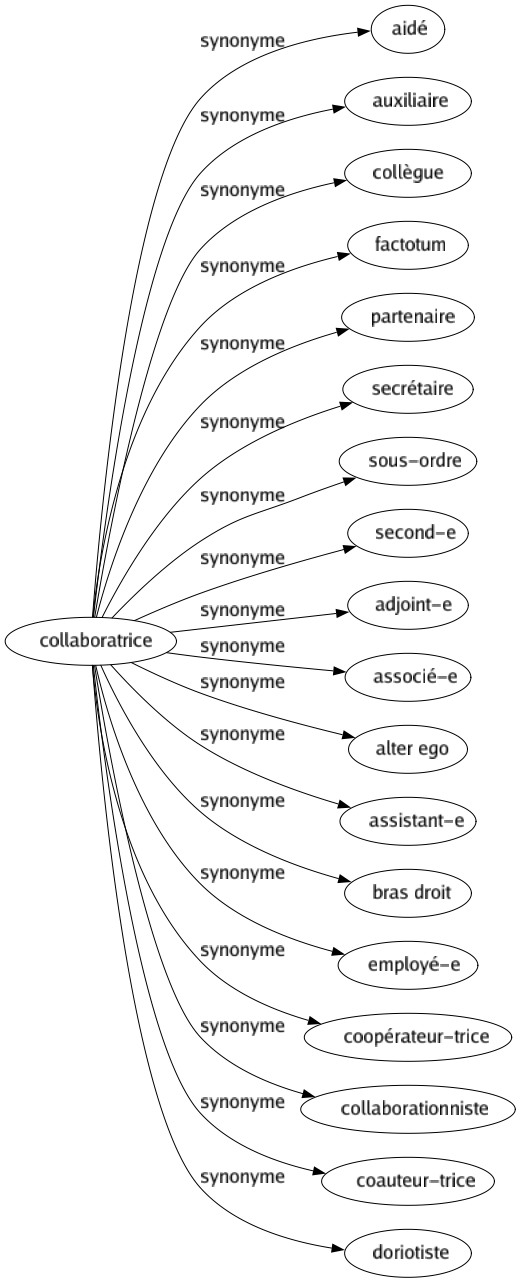 Synonyme de Collaboratrice : Aidé Auxiliaire Collègue Factotum Partenaire Secrétaire Sous-ordre Second-e Adjoint-e Associé-e Alter ego Assistant-e Bras droit Employé-e Coopérateur-trice Collaborationniste Coauteur-trice Doriotiste 