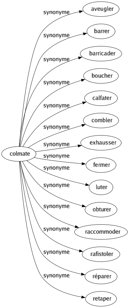 Synonyme de Colmate : Aveugler Barrer Barricader Boucher Calfater Combler Exhausser Fermer Luter Obturer Raccommoder Rafistoler Réparer Retaper 