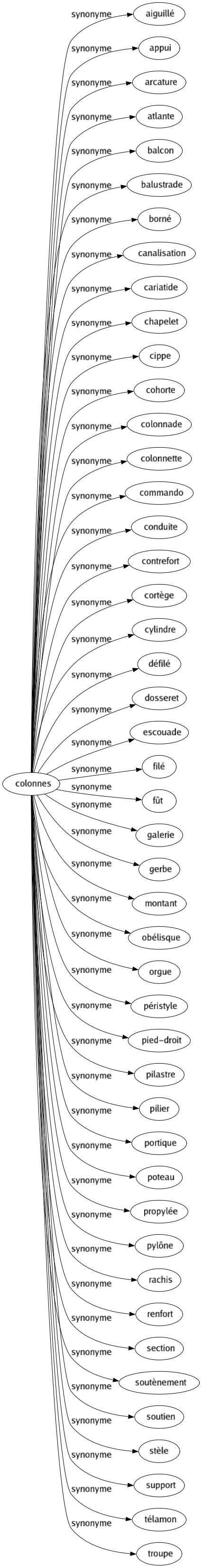 Synonyme de Colonnes : Aiguillé Appui Arcature Atlante Balcon Balustrade Borné Canalisation Cariatide Chapelet Cippe Cohorte Colonnade Colonnette Commando Conduite Contrefort Cortège Cylindre Défilé Dosseret Escouade Filé Fût Galerie Gerbe Montant Obélisque Orgue Péristyle Pied-droit Pilastre Pilier Portique Poteau Propylée Pylône Rachis Renfort Section Soutènement Soutien Stèle Support Télamon Troupe 