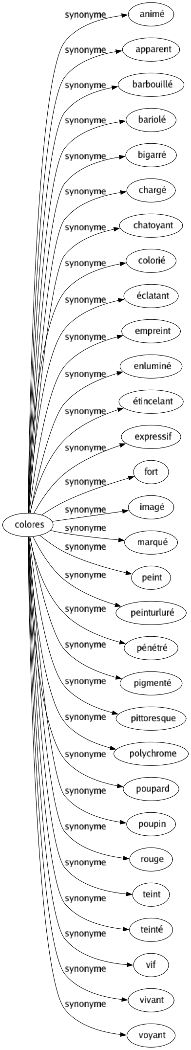 Synonyme de Colores : Animé Apparent Barbouillé Bariolé Bigarré Chargé Chatoyant Colorié Éclatant Empreint Enluminé Étincelant Expressif Fort Imagé Marqué Peint Peinturluré Pénétré Pigmenté Pittoresque Polychrome Poupard Poupin Rouge Teint Teinté Vif Vivant Voyant 