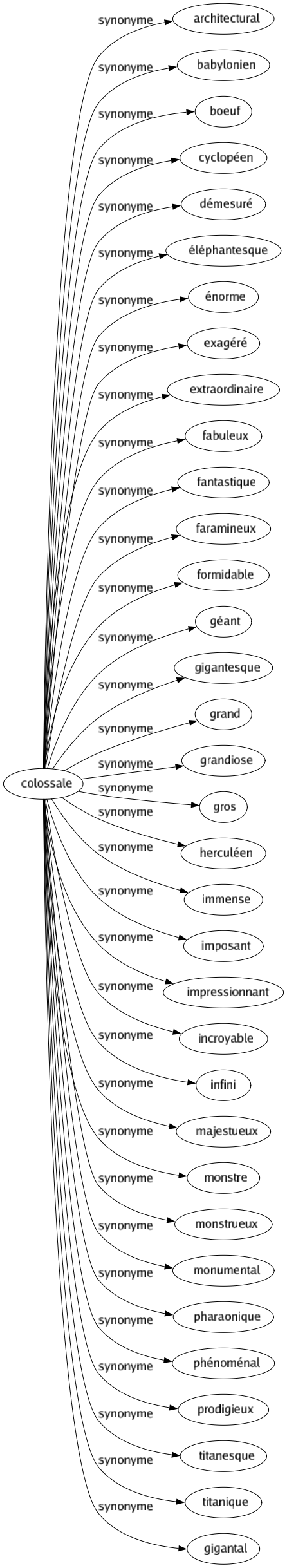 Synonyme de Colossale : Architectural Babylonien Boeuf Cyclopéen Démesuré Éléphantesque Énorme Exagéré Extraordinaire Fabuleux Fantastique Faramineux Formidable Géant Gigantesque Grand Grandiose Gros Herculéen Immense Imposant Impressionnant Incroyable Infini Majestueux Monstre Monstrueux Monumental Pharaonique Phénoménal Prodigieux Titanesque Titanique Gigantal 