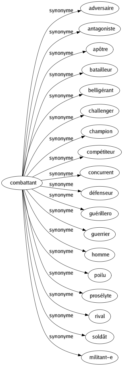 Synonyme de Combattant : Adversaire Antagoniste Apôtre Batailleur Belligérant Challenger Champion Compétiteur Concurrent Défenseur Guérillero Guerrier Homme Poilu Prosélyte Rival Soldât Militant-e 