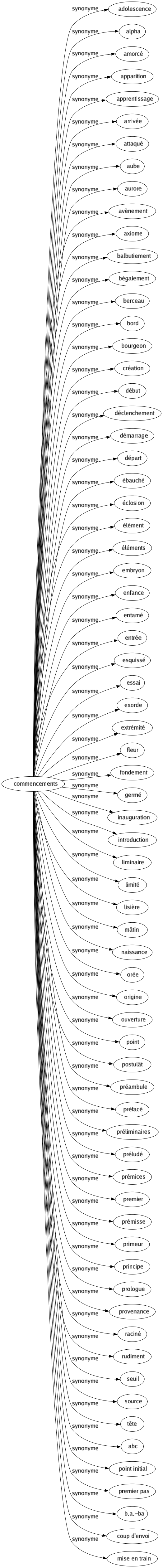 Synonyme de Commencements : Adolescence Alpha Amorcé Apparition Apprentissage Arrivée Attaqué Aube Aurore Avènement Axiome Balbutiement Bégaiement Berceau Bord Bourgeon Création Début Déclenchement Démarrage Départ Ébauché Éclosion Élément Éléments Embryon Enfance Entamé Entrée Esquissé Essai Exorde Extrémité Fleur Fondement Germé Inauguration Introduction Liminaire Limité Lisière Mâtin Naissance Orée Origine Ouverture Point Postulât Préambule Préfacé Préliminaires Préludé Prémices Premier Prémisse Primeur Principe Prologue Provenance Raciné Rudiment Seuil Source Tête Abc Point initial Premier pas B.a.-ba Coup d'envoi Mise en train 