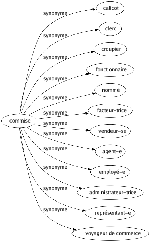 Synonyme de Commise : Calicot Clerc Croupier Fonctionnaire Nommé Facteur-trice Vendeur-se Agent-e Employé-e Administrateur-trice Représentant-e Voyageur de commerce 