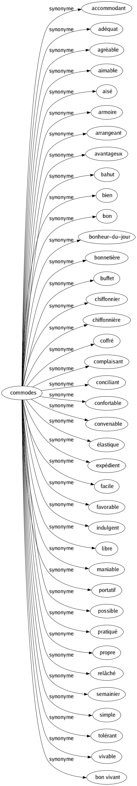Synonyme de Commodes : Accommodant Adéquat Agréable Aimable Aisé Armoire Arrangeant Avantageux Bahut Bien Bon Bonheur-du-jour Bonnetière Buffet Chiffonnier Chiffonnière Coffré Complaisant Conciliant Confortable Convenable Élastique Expédient Facile Favorable Indulgent Libre Maniable Portatif Possible Pratiqué Propre Relâché Semainier Simple Tolérant Vivable Bon vivant 