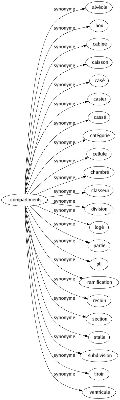 Synonyme de Compartiments : Alvéole Box Cabine Caisson Casé Casier Cassé Catégorie Cellule Chambré Classeur Division Logé Partie Pli Ramification Recoin Section Stalle Subdivision Tiroir Ventricule 