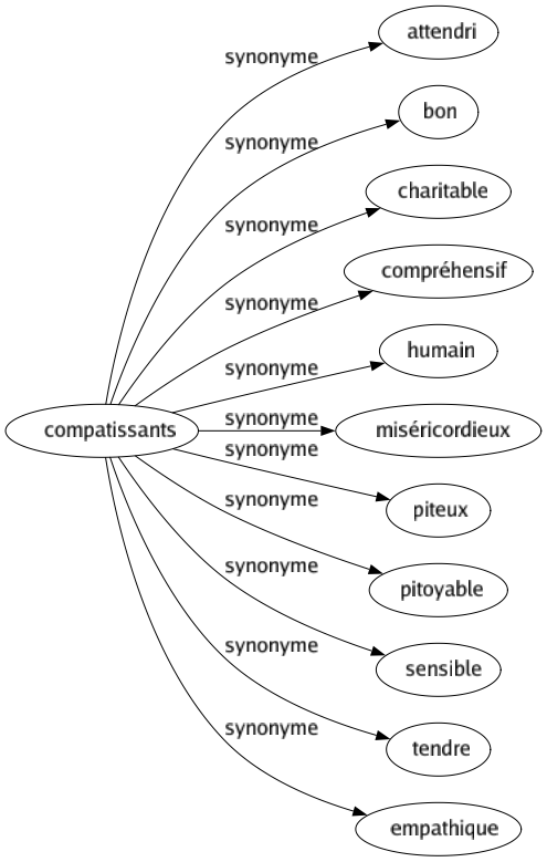 Synonyme de Compatissants : Attendri Bon Charitable Compréhensif Humain Miséricordieux Piteux Pitoyable Sensible Tendre Empathique 