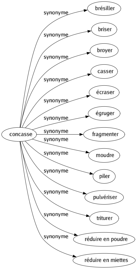 Synonyme de Concasse : Brésiller Briser Broyer Casser Écraser Égruger Fragmenter Moudre Piler Pulvériser Triturer Réduire en poudre Réduire en miettes 