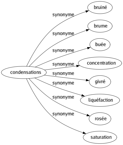 Synonyme de Condensations : Bruiné Brume Buée Concentration Givré Liquéfaction Rosée Saturation 