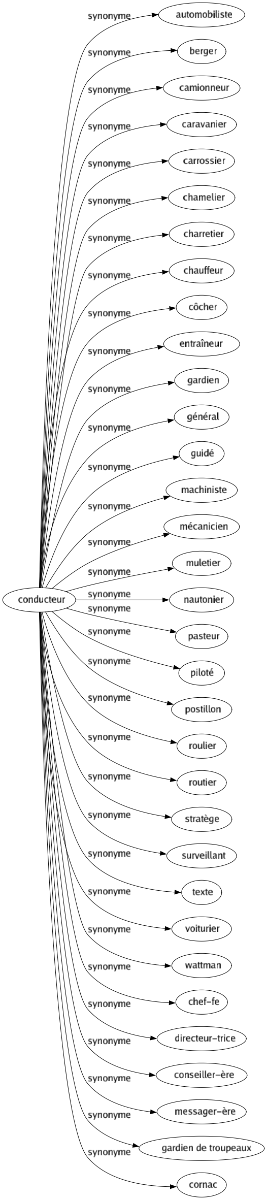 Synonyme de Conducteur : Automobiliste Berger Camionneur Caravanier Carrossier Chamelier Charretier Chauffeur Côcher Entraîneur Gardien Général Guidé Machiniste Mécanicien Muletier Nautonier Pasteur Piloté Postillon Roulier Routier Stratège Surveillant Texte Voiturier Wattman Chef-fe Directeur-trice Conseiller-ère Messager-ère Gardien de troupeaux Cornac 