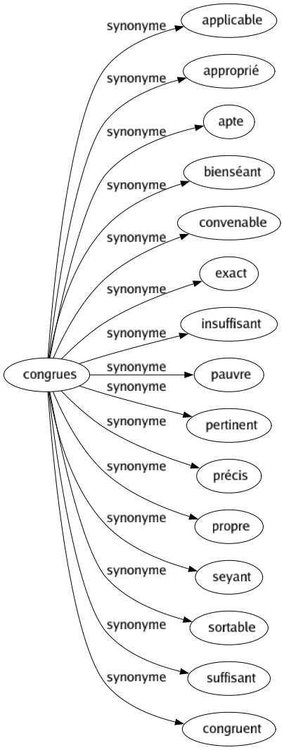 Synonyme de Congrues : Applicable Approprié Apte Bienséant Convenable Exact Insuffisant Pauvre Pertinent Précis Propre Seyant Sortable Suffisant Congruent 