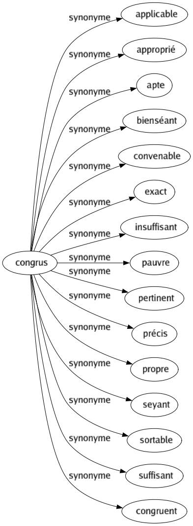 Synonyme de Congrus : Applicable Approprié Apte Bienséant Convenable Exact Insuffisant Pauvre Pertinent Précis Propre Seyant Sortable Suffisant Congruent 