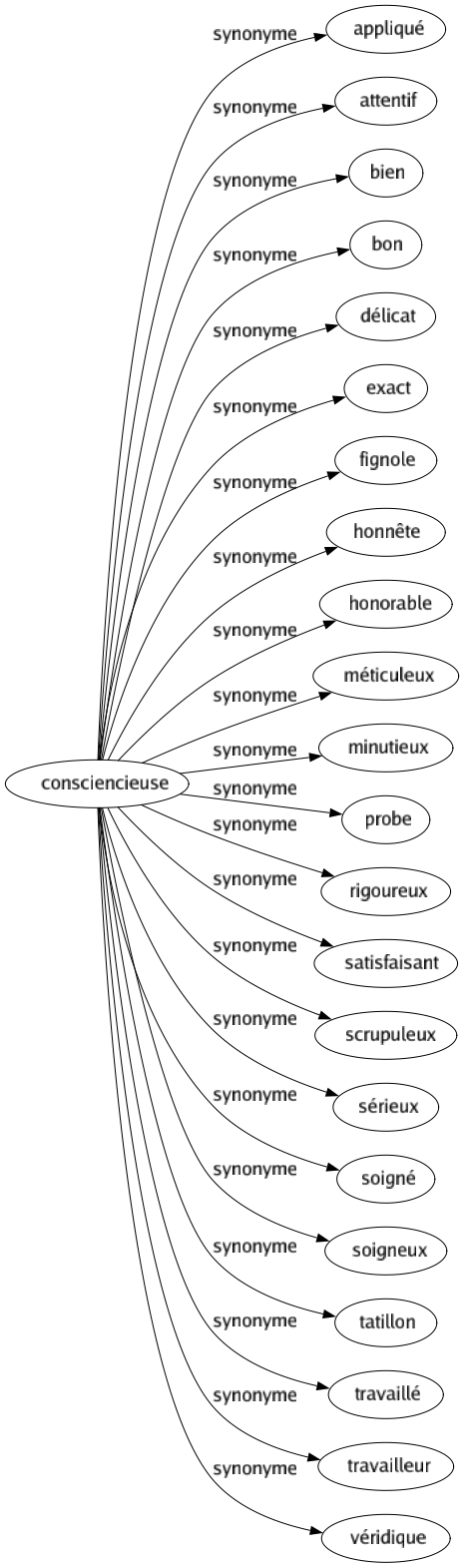 Synonyme de Consciencieuse : Appliqué Attentif Bien Bon Délicat Exact Fignole Honnête Honorable Méticuleux Minutieux Probe Rigoureux Satisfaisant Scrupuleux Sérieux Soigné Soigneux Tatillon Travaillé Travailleur Véridique 