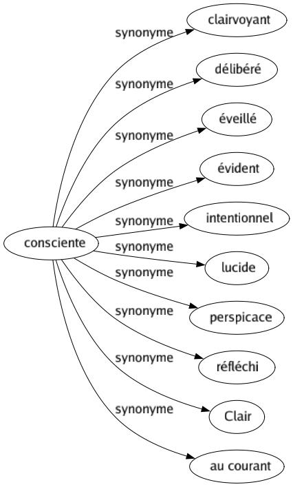 Synonyme de Consciente : Clairvoyant Délibéré Éveillé Évident Intentionnel Lucide Perspicace Réfléchi Clair Au courant 