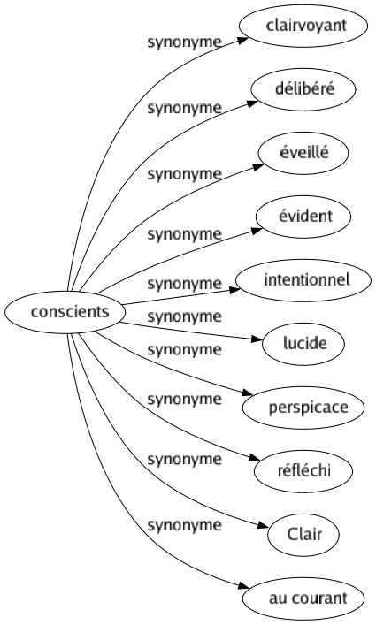 Synonyme de Conscients : Clairvoyant Délibéré Éveillé Évident Intentionnel Lucide Perspicace Réfléchi Clair Au courant 