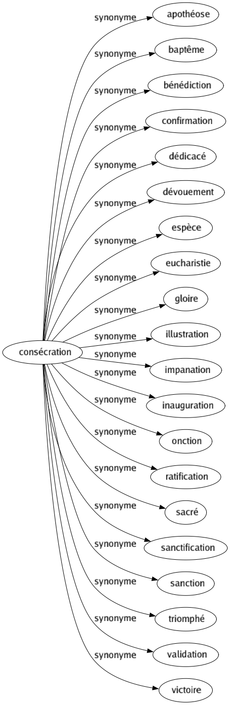 Synonyme de Consécration : Apothéose Baptême Bénédiction Confirmation Dédicacé Dévouement Espèce Eucharistie Gloire Illustration Impanation Inauguration Onction Ratification Sacré Sanctification Sanction Triomphé Validation Victoire 