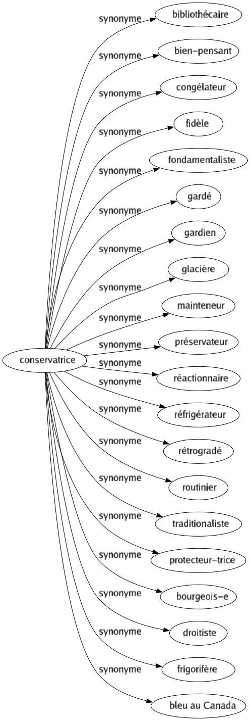 Synonyme de Conservatrice : Bibliothécaire Bien-pensant Congélateur Fidèle Fondamentaliste Gardé Gardien Glacière Mainteneur Préservateur Réactionnaire Réfrigérateur Rétrogradé Routinier Traditionaliste Protecteur-trice Bourgeois-e Droitiste Frigorifère Bleu au canada 