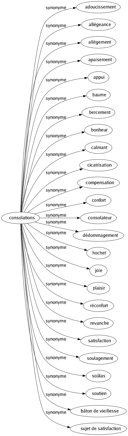 Synonyme de Consolations : Adoucissement Allégeance Allégement Apaisement Appui Baume Bercement Bonheur Calmant Cicatrisation Compensation Confort Consolateur Dédommagement Hochet Joie Plaisir Réconfort Revanche Satisfaction Soulagement Soûlas Soutien Bâton de vieillesse Sujet de satisfaction 