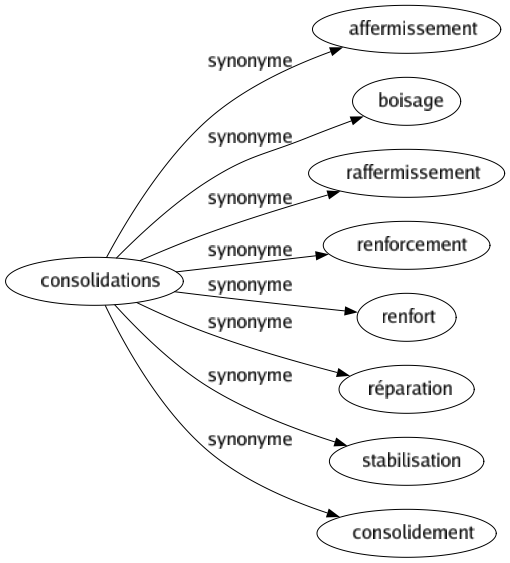 Synonyme de Consolidations : Affermissement Boisage Raffermissement Renforcement Renfort Réparation Stabilisation Consolidement 