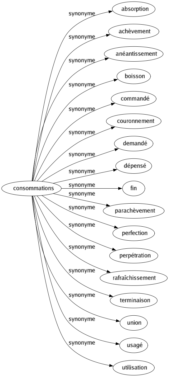 Synonyme de Consommations : Absorption Achèvement Anéantissement Boisson Commandé Couronnement Demandé Dépensé Fin Parachèvement Perfection Perpétration Rafraîchissement Terminaison Union Usagé Utilisation 