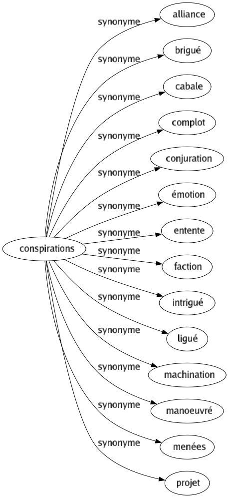 Synonyme de Conspirations : Alliance Brigué Cabale Complot Conjuration Émotion Entente Faction Intrigué Ligué Machination Manoeuvré Menées Projet 