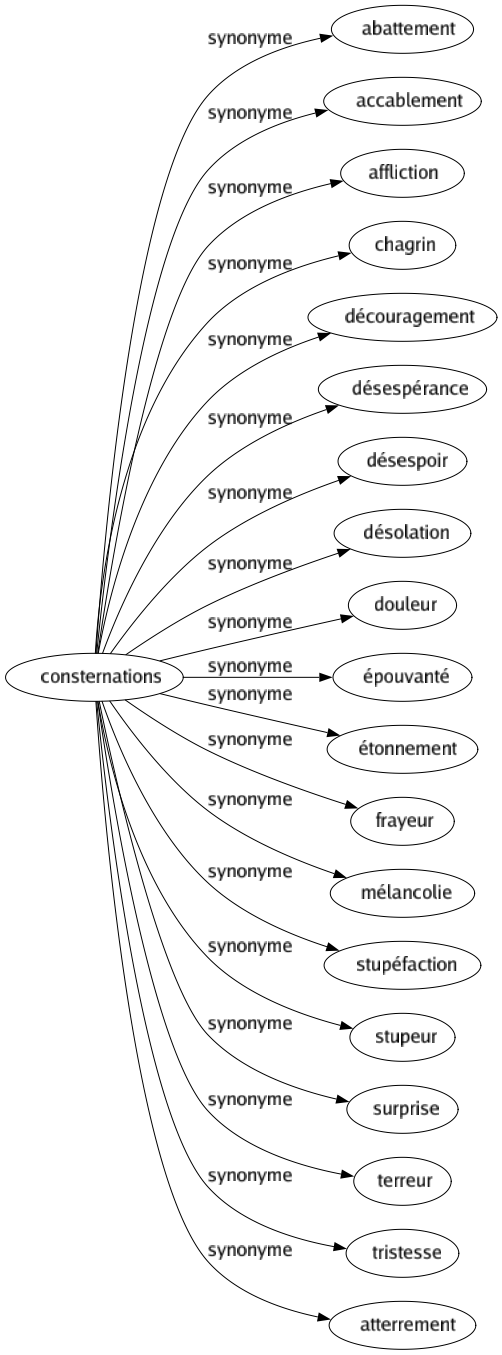 Synonyme de Consternations : Abattement Accablement Affliction Chagrin Découragement Désespérance Désespoir Désolation Douleur Épouvanté Étonnement Frayeur Mélancolie Stupéfaction Stupeur Surprise Terreur Tristesse Atterrement 