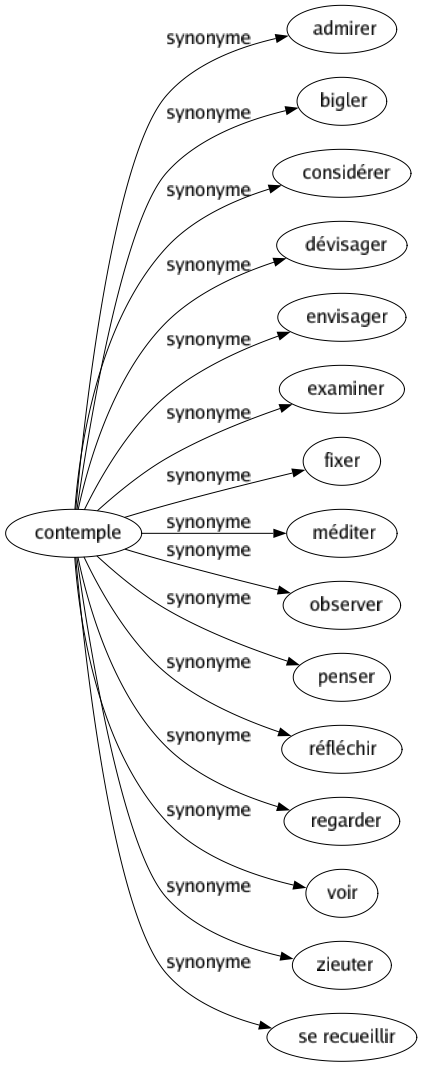 Synonyme de Contemple : Admirer Bigler Considérer Dévisager Envisager Examiner Fixer Méditer Observer Penser Réfléchir Regarder Voir Zieuter Se recueillir 